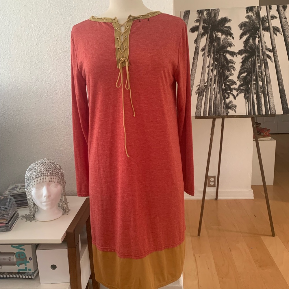 MixMax tunic dress in red and tan with crisscross tie